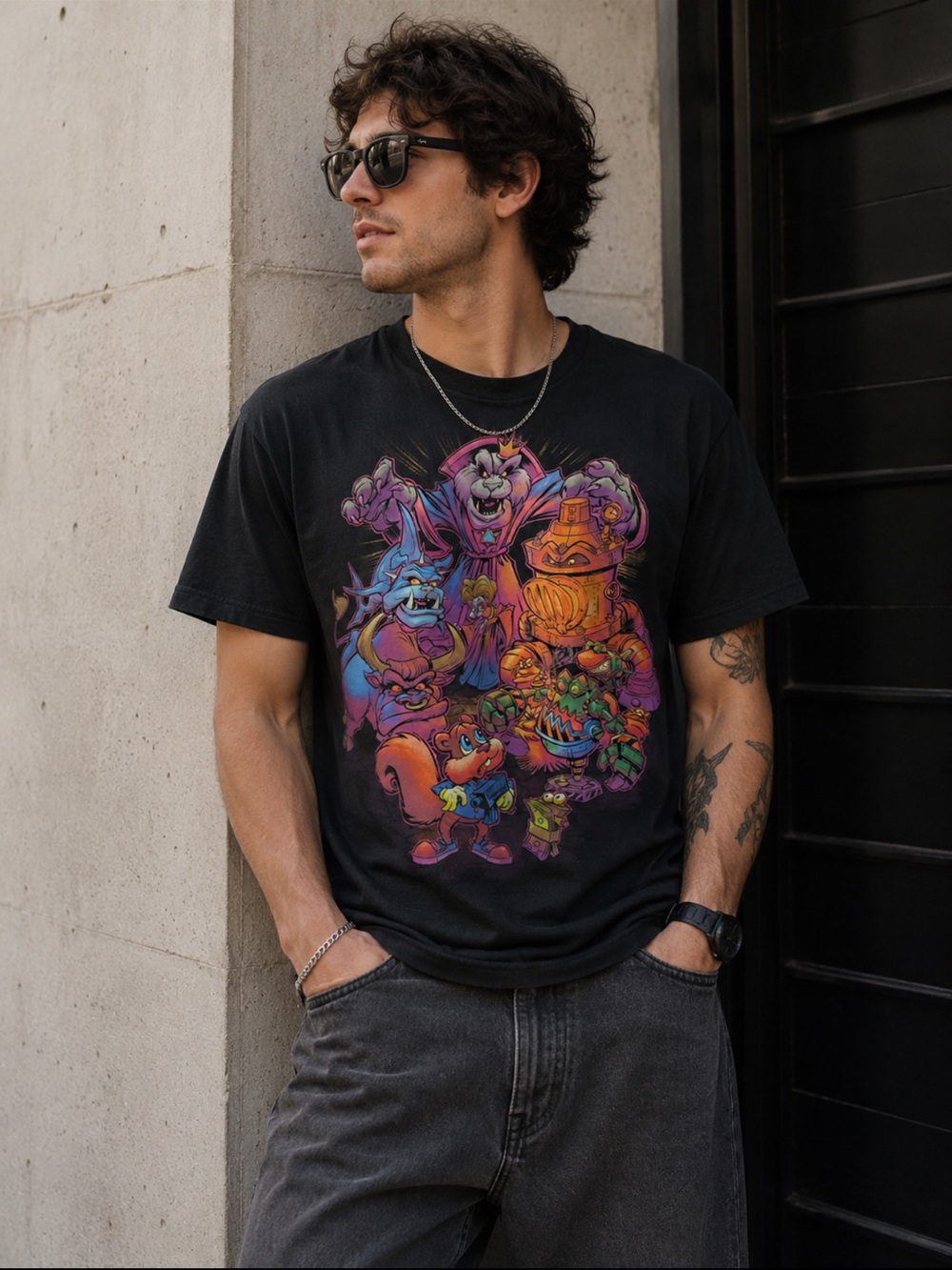 Conker Black Graphic Tee with Colorful Cartoon Ensemble